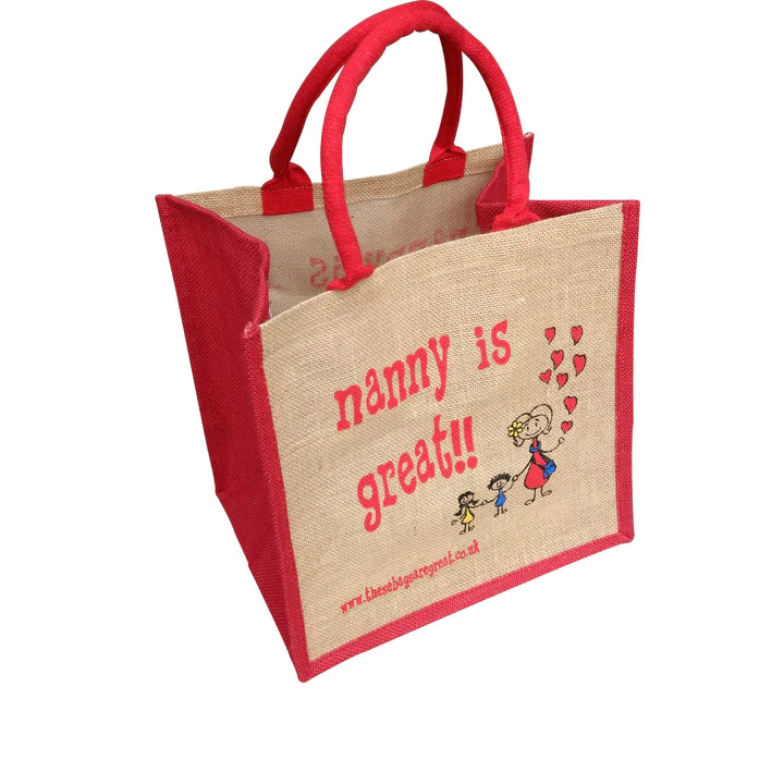 A red edged eco friendly jute bag with an illustration of a female figure with two children and text saying nanny is great