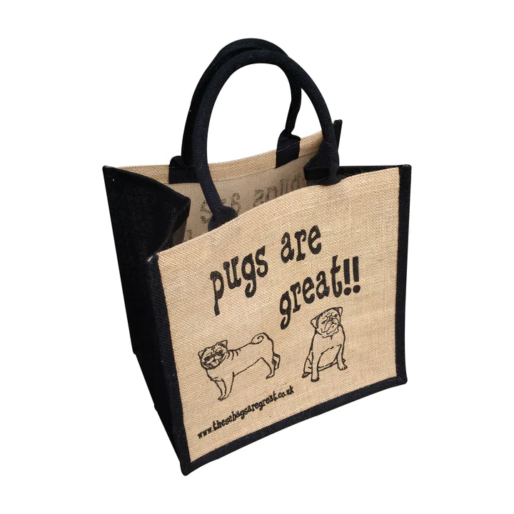 A black edged eco friendly jute bag with an illustration of two pug dogs and text saying pugs are great